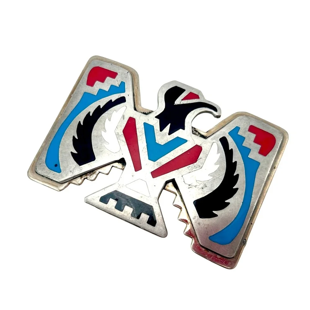 B-K Silversmiths Vintage Thunderbird Belt Buckle Phoenix Arizona Enamel Inlay